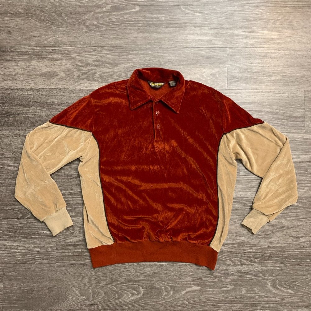 Vintage Sears Sportswear Velour Two Tone Elastic Waist Polo Shirt Sz. L - Picture 1 of 10